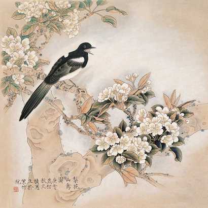 龚文桢 梨花山禽图 立轴